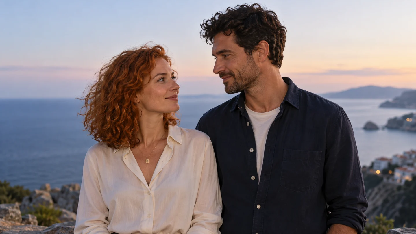 AI-created adult couple at the seaside before a kiss