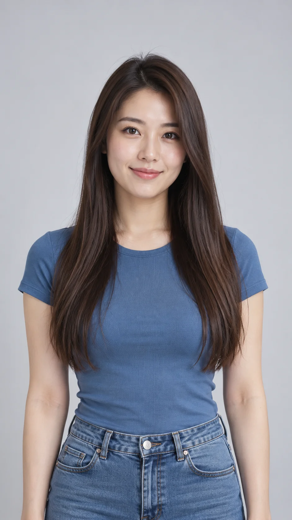 A fictional adult woman with long dark hair and a blue top against a pale grey studio background.