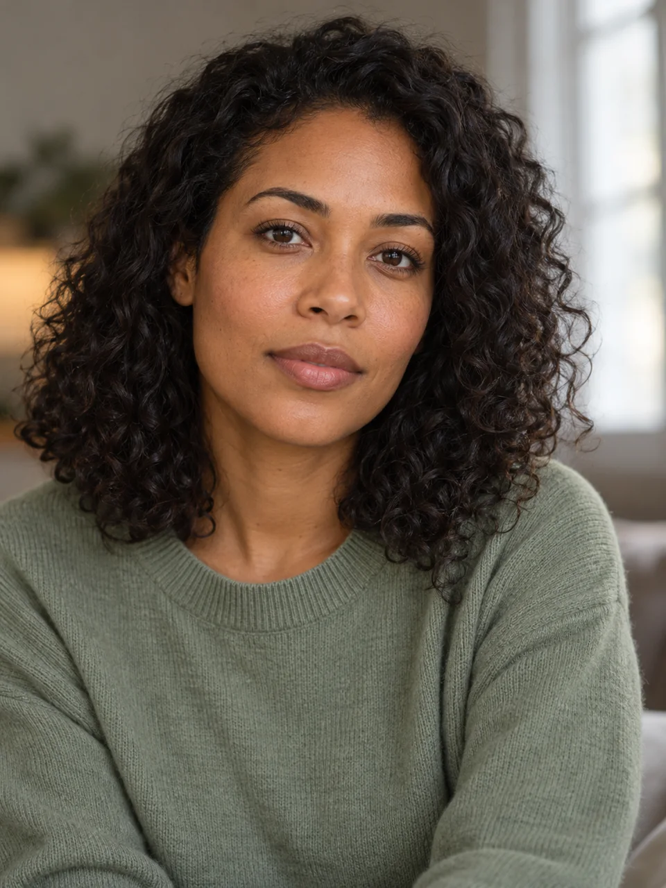 A fictional adult woman with curly hair and a sage sweater, before the emotional scene.