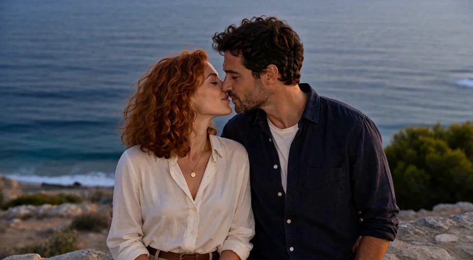 Generated video of the adult seaside couple sharing a brief kiss