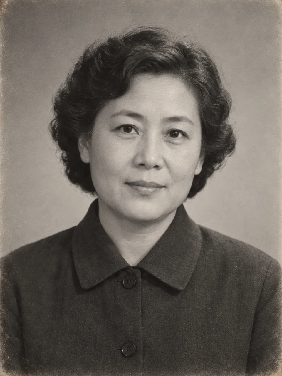 A fictional grayscale studio portrait of an adult woman in a dark jacket.