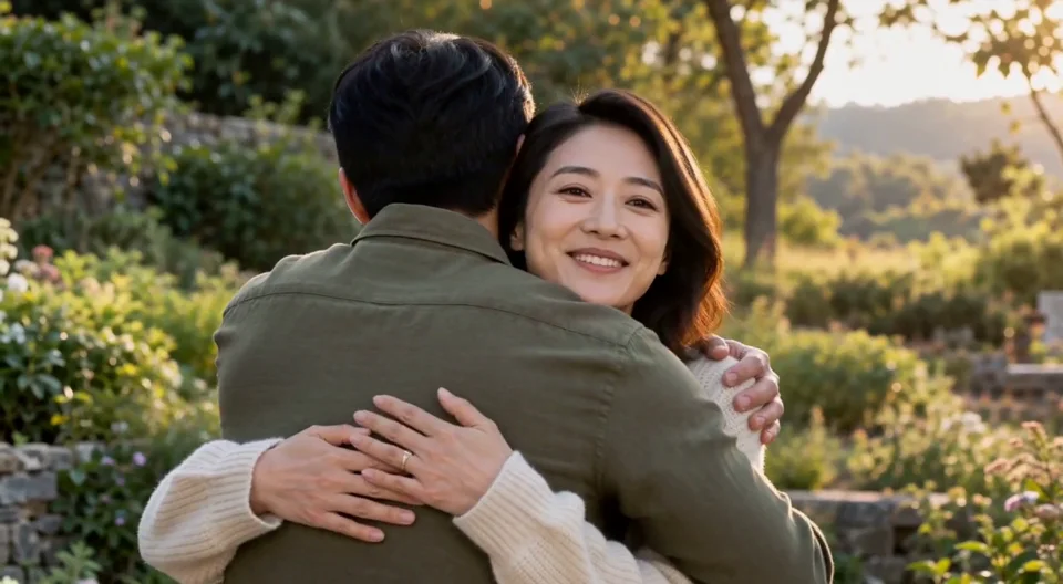 Generated video of the adult garden couple sharing a gentle hug — Moving closer