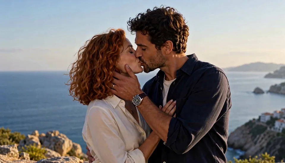 Actual AI-generated romantic kiss between two fictional adult partners.