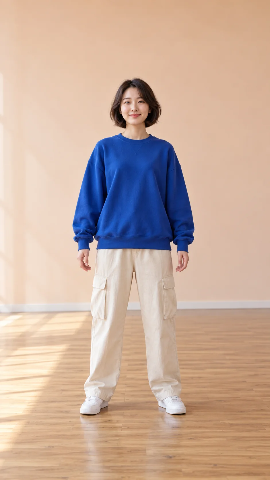 An adult dancer in a blue sweatshirt, standing in a peach studio.