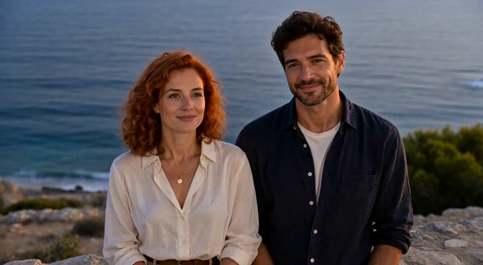 Generated video of the adult seaside couple sharing a brief kiss — The beginning