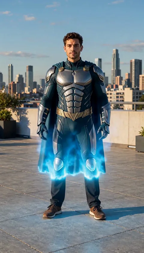 One person. One costume reveal. A clear transformation needs a simple sequence: ordinary clothes, a changing silhouette and a final pose. Review the face and outfit across the whole shot. (2/3)