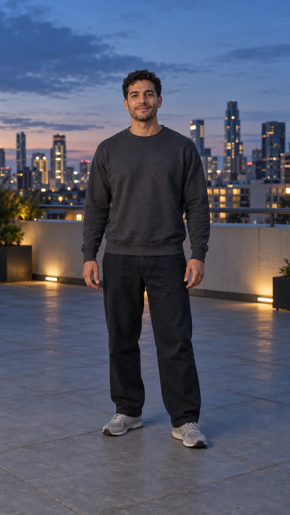An adult man in everyday clothes on a rooftop at dusk.