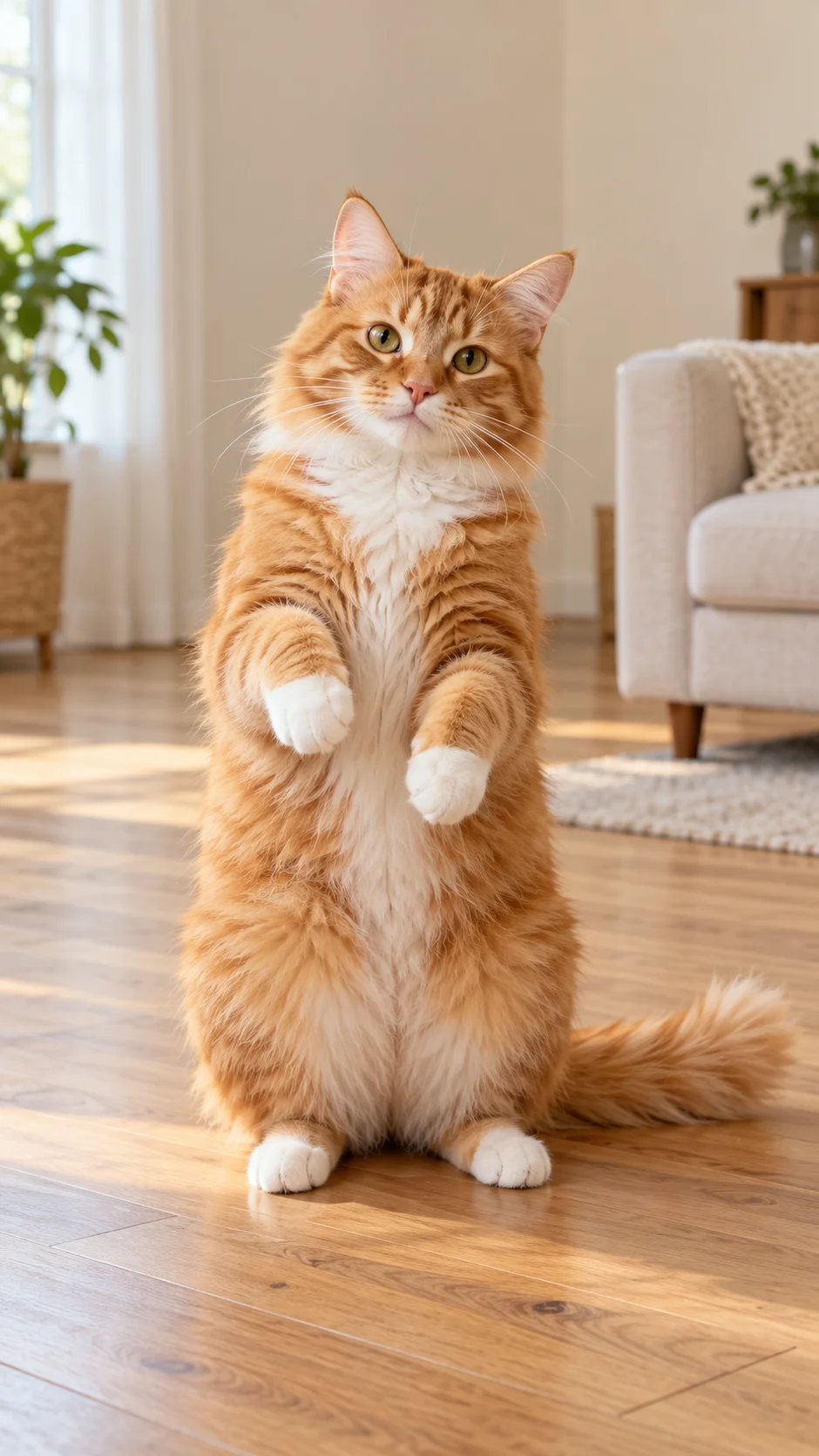 A fictional orange tabby with a white chest and paws, sitting upright in a bright living room.
