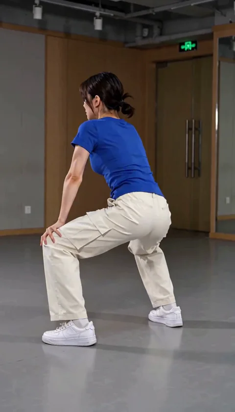 Follow the repeated pelvic pulses and the movement of the trousers. The clip is a generated dance interpretation; inspect the knees, feet and body shape through the full shot. The model changed the hairstyle and studio in this take. (3/3)