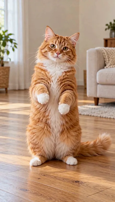 An orange tabby bounces upright and lifts its front paws in a bright living room. (3/3)