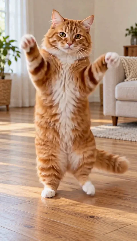 An orange tabby bounces upright and lifts its front paws in a bright living room. (1/3)