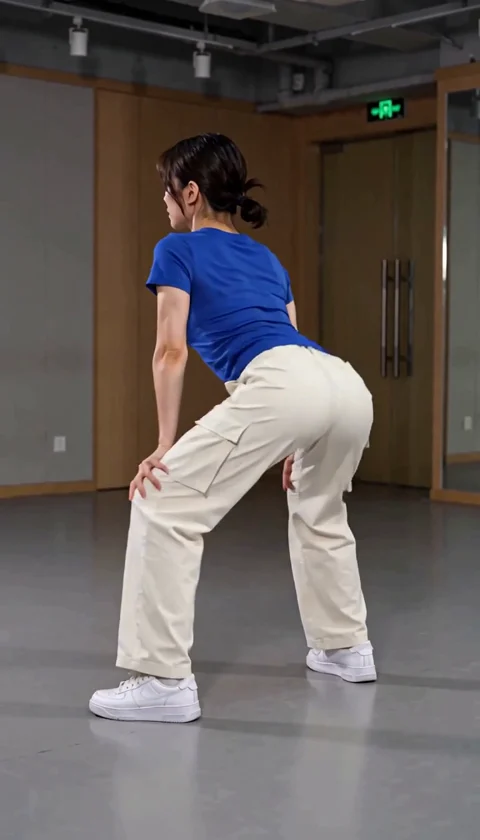 Sigue los pulsos de la pelvis y el movimiento del pantalón. Es una interpretación de baile generada; revisa también las rodillas, los pies y la silueta durante toda la toma. En esta toma, el modelo también cambió el peinado y el estudio.