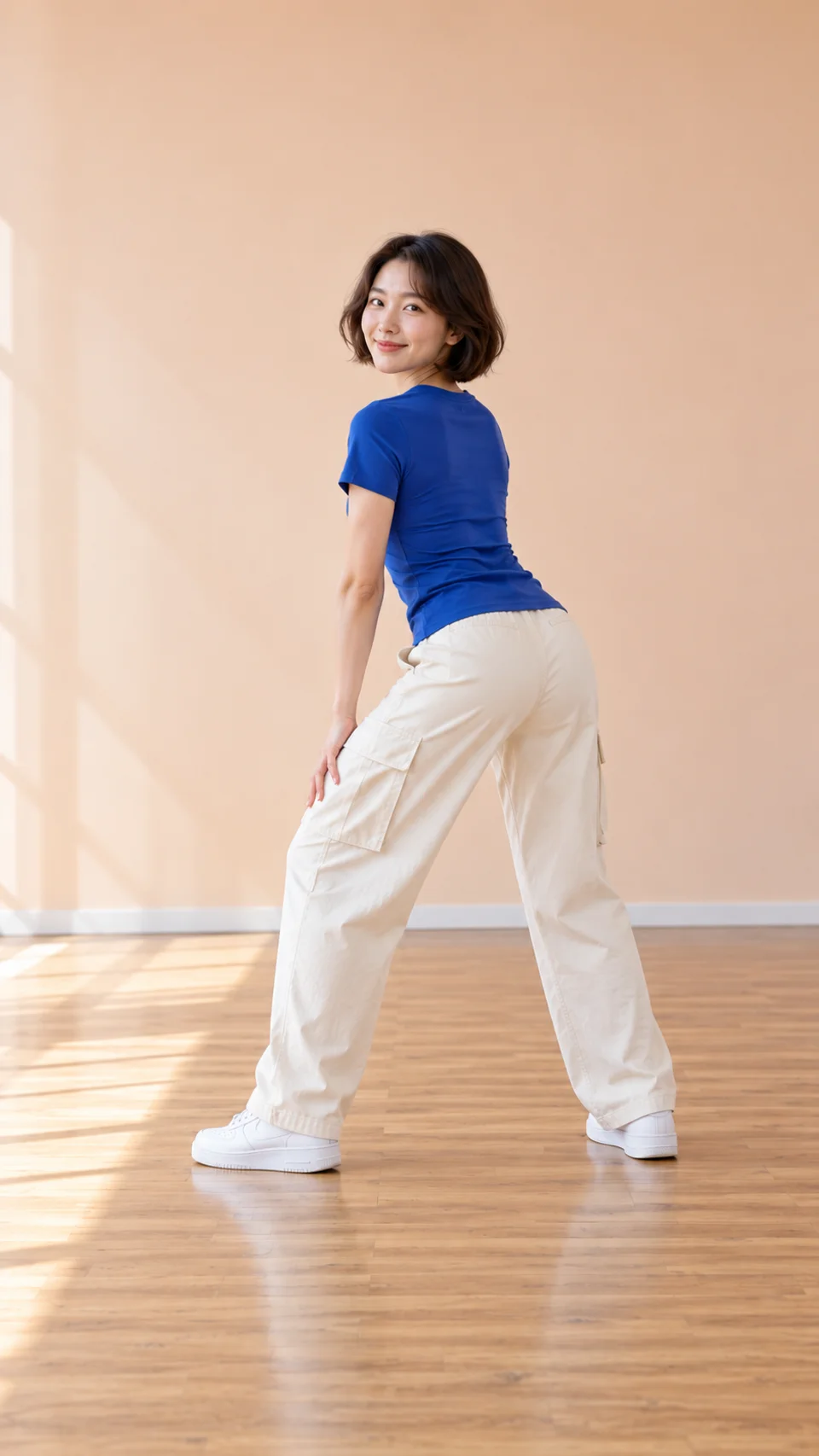 A fictional adult dancer in a blue T-shirt, cream trousers and white sneakers, seen from a rear three-quarter angle in a peach studio.
