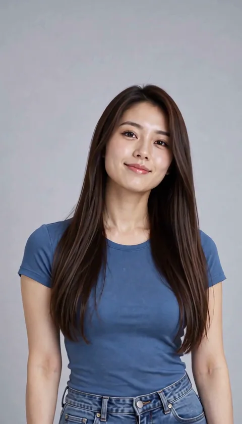 An adult with long dark hair turns, sweeps her hair across her shoulders and faces the camera again. (1/3)