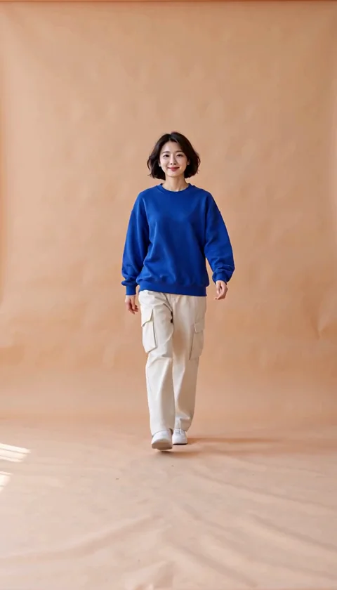파란 스웨트셔츠와 크림색 바지를 입은 성인이 카메라를 향해 걷고 살짝 도는 영상. (1/3)