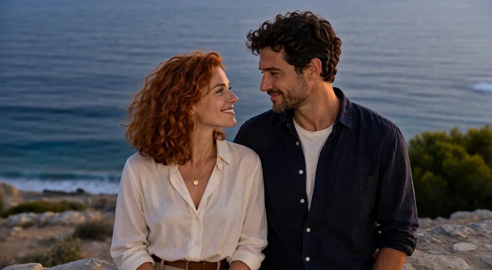 Generated video of the adult seaside couple sharing a brief kiss — The moment