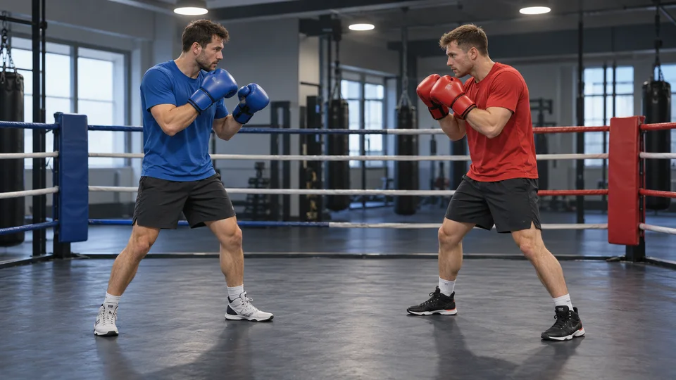 Two fictional adult boxers in blue and red practice gear, standing apart in a gym.