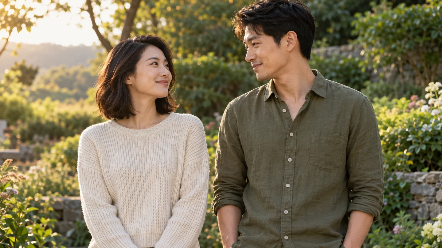 AI-created adult couple in a garden, standing apart before the hug