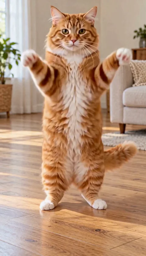 An orange tabby bounces upright and lifts its front paws in a bright living room. (2/3)